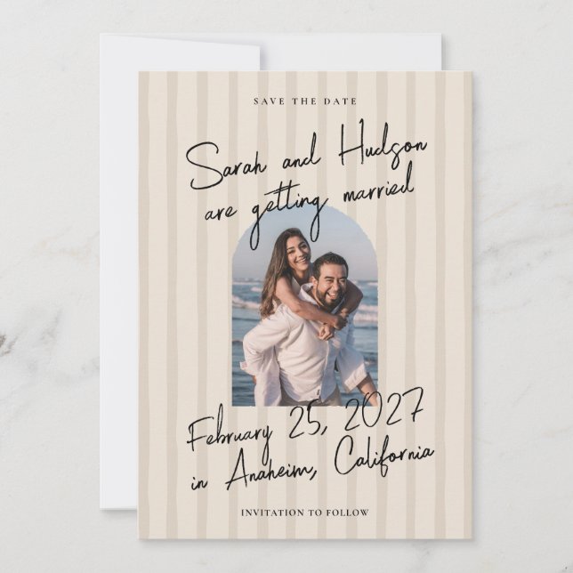 Reserva La Fecha Striped Modern Handwritten Script Photo Wedding (Anverso)