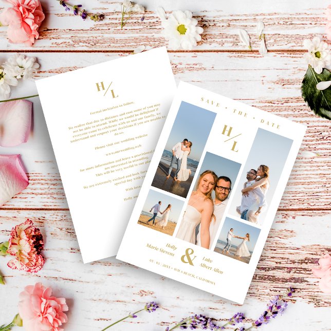 Reserva La Fecha Stylish Minimalist Initials Collage 5 photos (Stylish Minimalist Initials Original White Collage Wedding 5 Multi Photos Save the Date Card.)