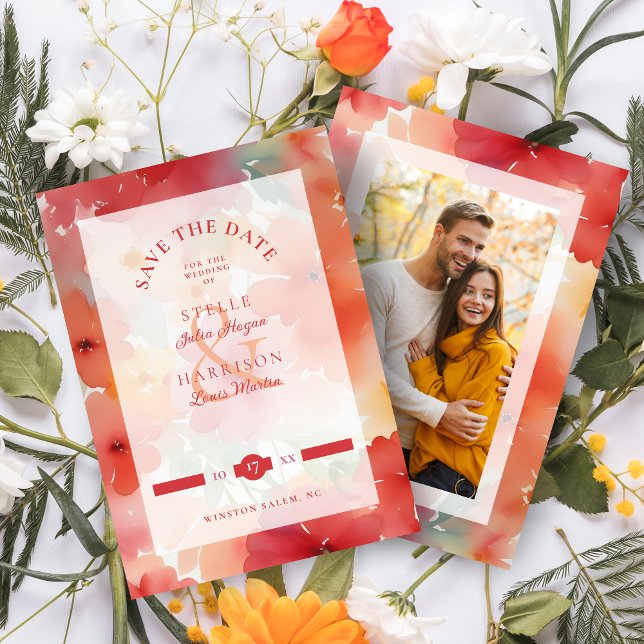 Reserva La Fecha Stylish Modern Orange & Red Shades Floral Wedding (Stylish Modern Orange & Red Shades Floral Design Wedding Save the Date Card with Envelope. )