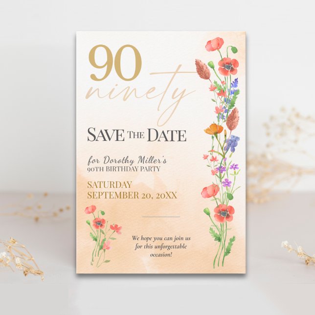 Reserva La Fecha Suave Cumpleaños 90 con Flor Silvestre - Elegante (Subido por el creador)