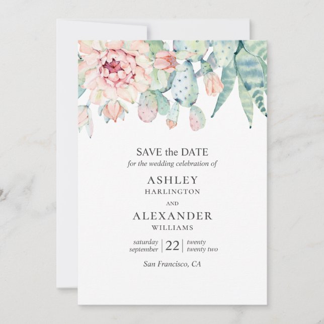 Reserva La Fecha Suculentas florales de acuarela. Cactus verde y az (Anverso)