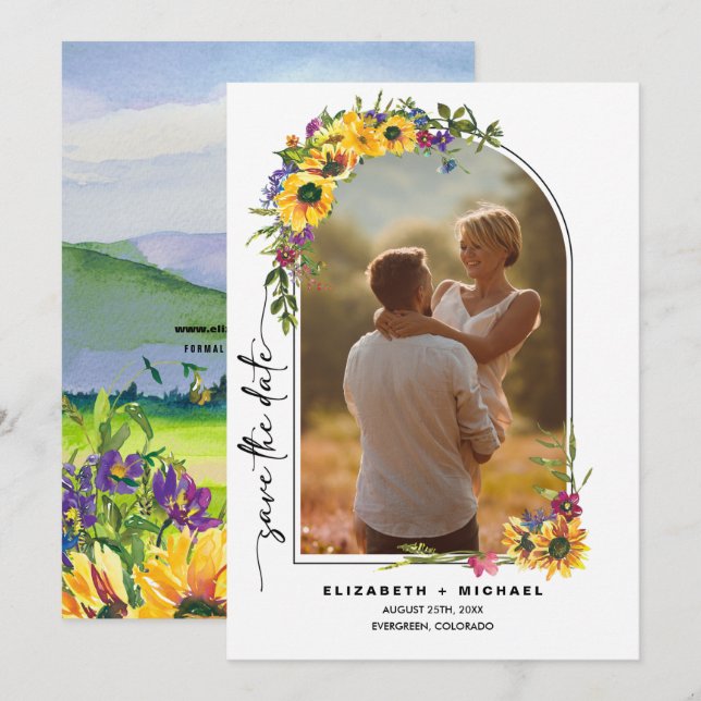 Reserva La Fecha Sunflower | Foto de Boda de verano de Wild Meadow (Anverso / Reverso)