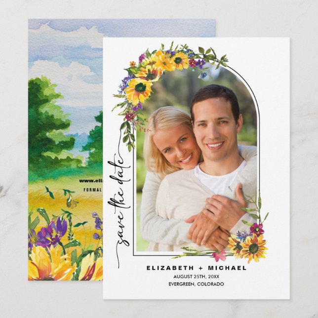 Reserva La Fecha Sunflower | Foto de Boda de verano de Wild Meadow (Anverso / Reverso)