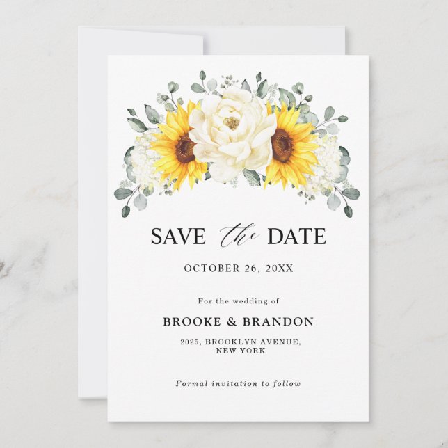 Reserva La Fecha Sunflower Ivory Peony Floral Eucalyptus Wedding    (Anverso)