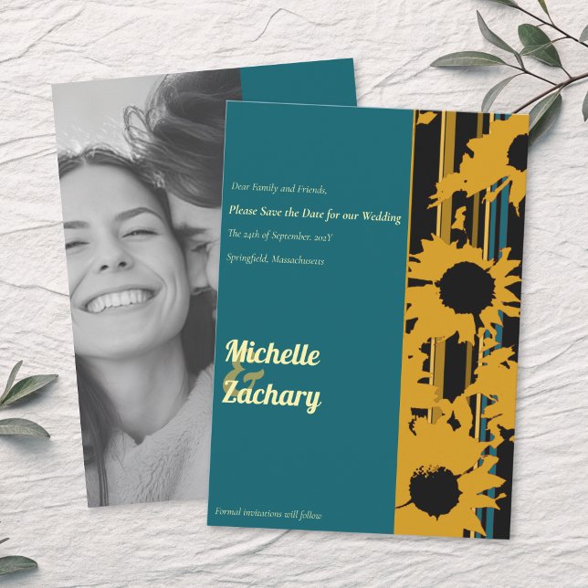 Reserva La Fecha Sunflower Teal Blue Gold Wedding Photo (Subido por el creador)