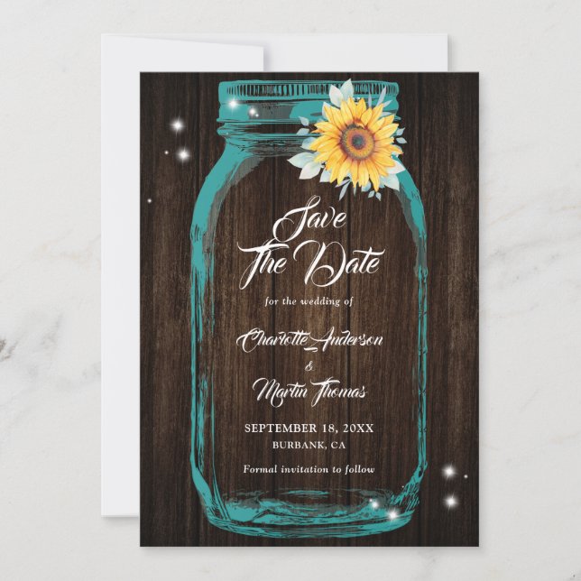 Reserva La Fecha Sunflower Verde azulada Wood Mason Jar Boda (Anverso)