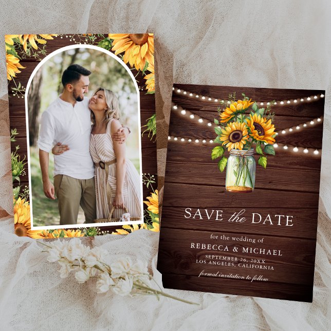 Reserva La Fecha Sunflowers Barn Wood Mason Jar Photo Boda (Subido por el creador)