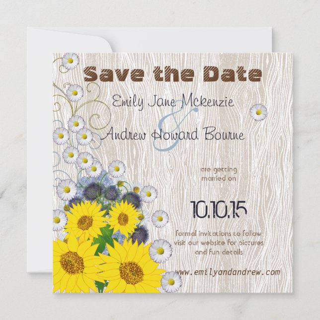 Reserva La Fecha Sunflowers & Daisies Wood Grain Save the Date (Anverso)