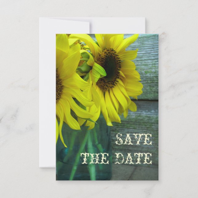 Reserva La Fecha Sunflowers Mason Jar Barnwood Fall Save The Date (Anverso)
