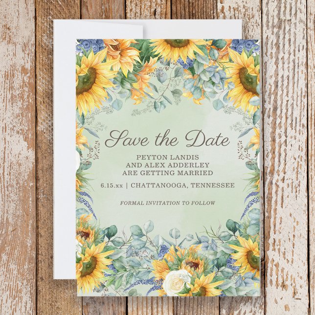 Reserva La Fecha Sunflowers Sage Green Eucalyptus Deja Boda (Sunflower wedding Save the Date)