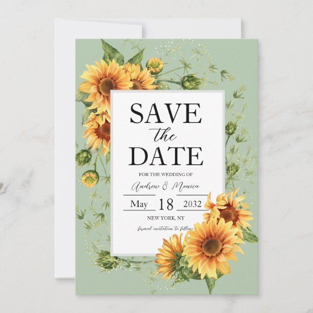 Reserva La Fecha Sunflowers Sage Green Wedding Salven La Fecha (Anverso)