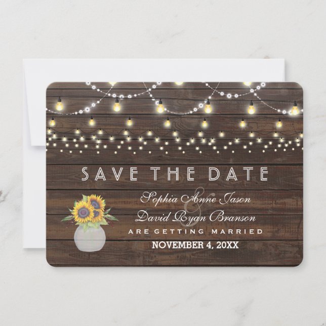 Reserva La Fecha Sunflowers String Ilustra Madera Antigua Save The  (Anverso)