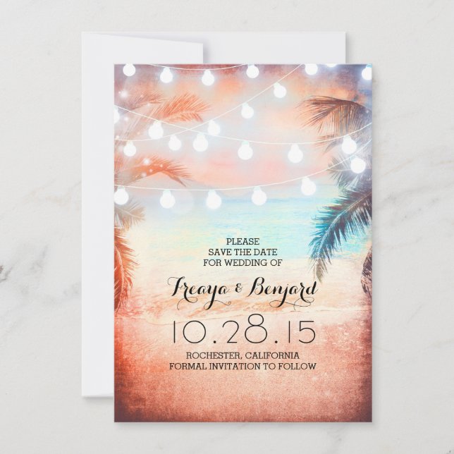 Reserva La Fecha Sunset Beach & String Lights Save the Date (Anverso)