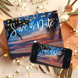 Reserva La Fecha Sunset Palm String ilumina la boda tropical de pla