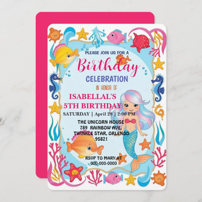 Reserva La Fecha suntuoso arco iris mermaid octopus star cumpleaños (Anverso / Reverso)
