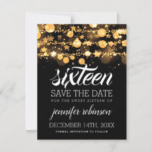 Reserva La Fecha Sweet 16 Save Date Gold Sparkling Lights & Stars