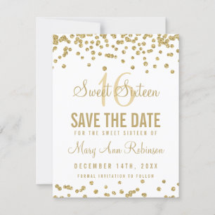 Reserva La Fecha Sweet 16 "Save Date" Purpurina de oro Confetti Whi