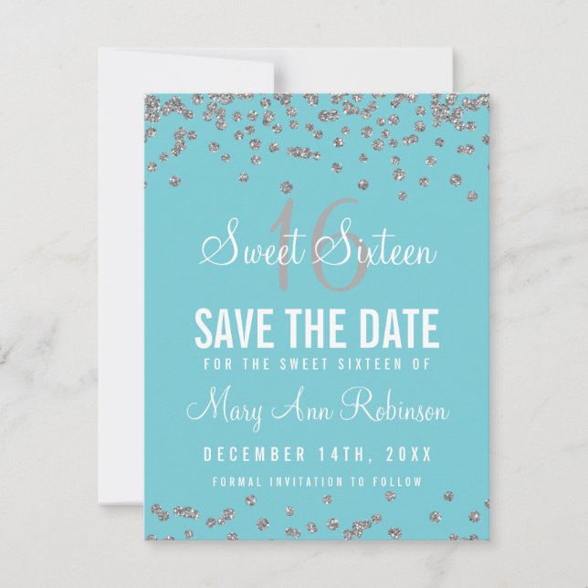 Reserva La Fecha Sweet 16 Save Date Silver Purpurina Confetti Blue (Anverso)