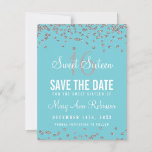 Reserva La Fecha Sweet 16 Save Date Silver Purpurina Confetti Blue