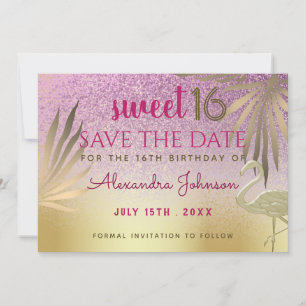 Reserva La Fecha Sweet 16 Save The Date Flamingo Pink and Gold