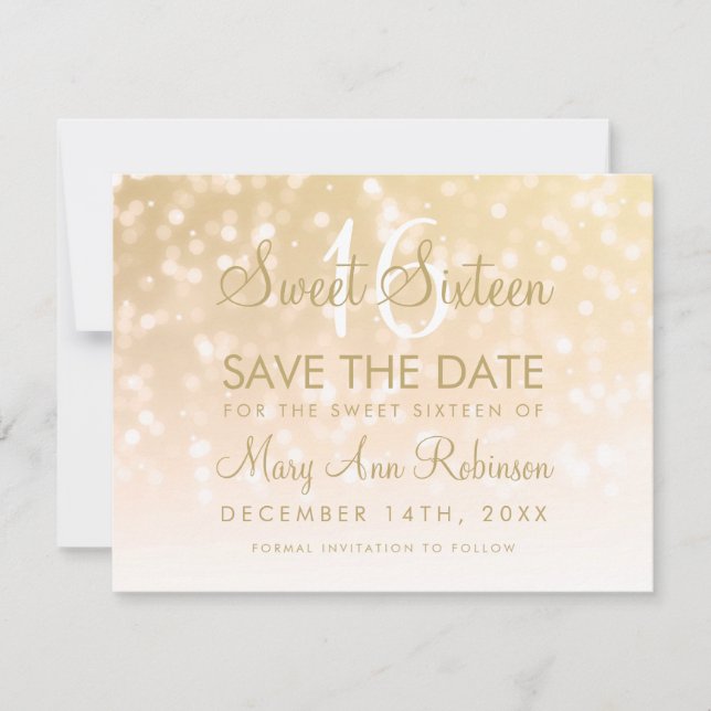 Reserva La Fecha Sweet 16 Save The Date Gold Bokeh Sparkle Lights (Anverso)