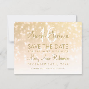 Reserva La Fecha Sweet 16 Save The Date Gold Bokeh Sparkle Lights