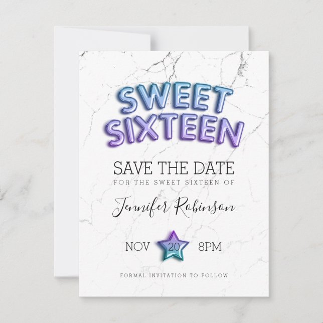 Reserva La Fecha Sweet 16 Save The Date Mermaid Balloons Purpurina (Anverso)