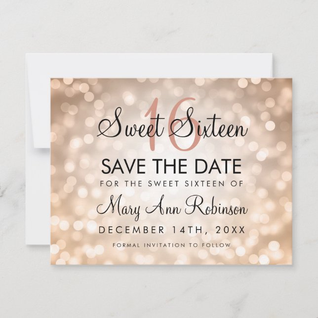 Reserva La Fecha Sweet 16 Save The Date Rosa Gold Purpurina Lights (Anverso)