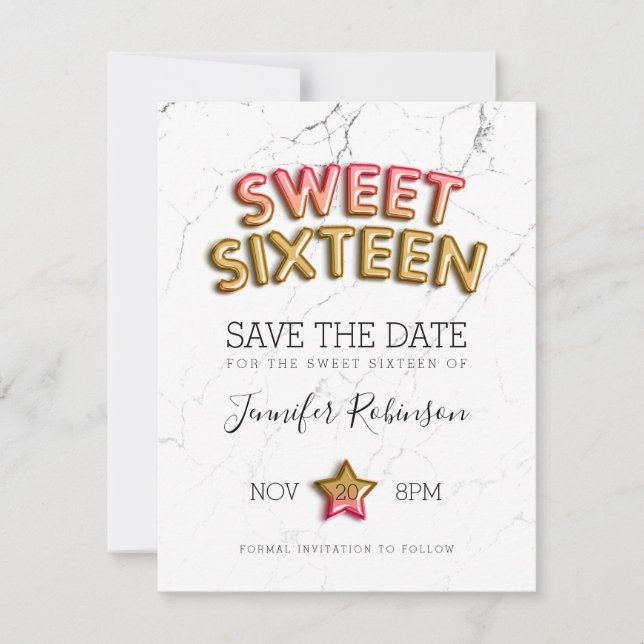 Reserva La Fecha Sweet 16 Save The Date Rubor Gold Balloons Purpuri (Anverso)