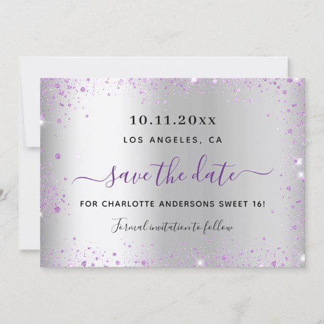 Reserva La Fecha Sweet 16 silver lavender save the date card (Anverso)