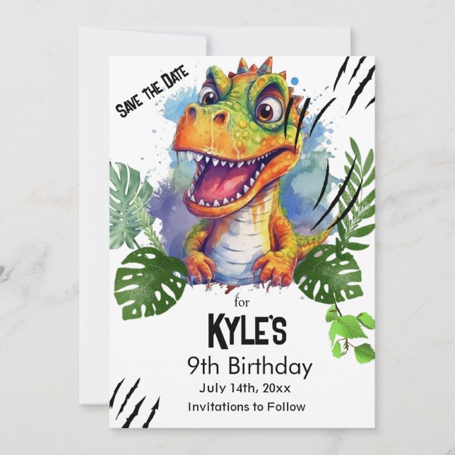 Reserva La Fecha T Rex, cumpleaños de dinosaurio, (Anverso)