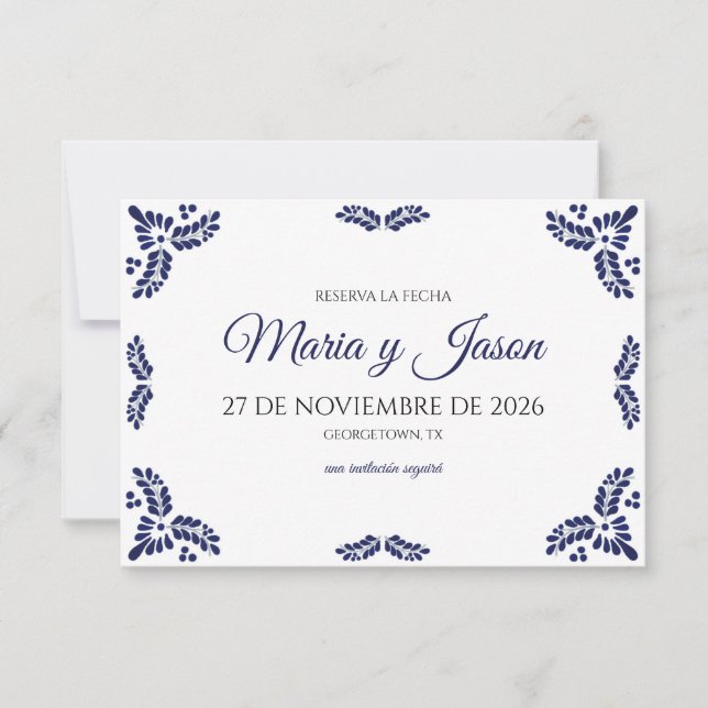 Reserva La Fecha Talavera Blue Floral Minimalist Spanish Wedding (Anverso)