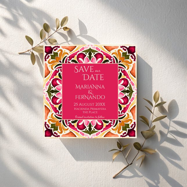 Reserva La Fecha Talavera fuchsia boda mexicano (Talavera fuchsia tile vintage Mexican wedding Save The Date cards template magenta orange invitation)