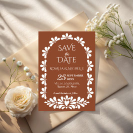 Reserva La Fecha Talavera terracota arco boho boda mexicana