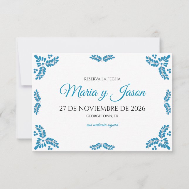 Reserva La Fecha Talavera Turquoise Minimalist Spanish Wedding (Anverso)