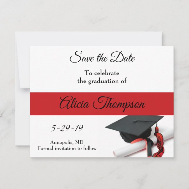 Reserva La Fecha Tapa de graduación negra y roja y Personalizado de (Anverso)