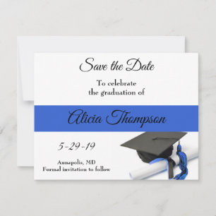 Reserva La Fecha Tapón y tapón de graduación negro y azul