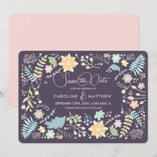 Reserva la fecha. Tarjeta de Boda morado rosa flor