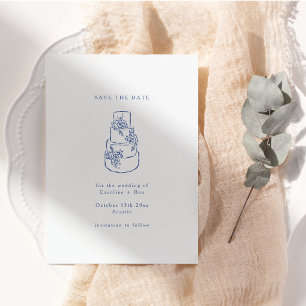 Reserva La Fecha Tarta de boda minimalista con flores azules y blan