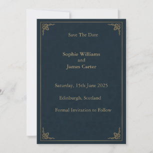 Reserva La Fecha Tartan de Cardo Escocés Boda Azul Marino Dorado