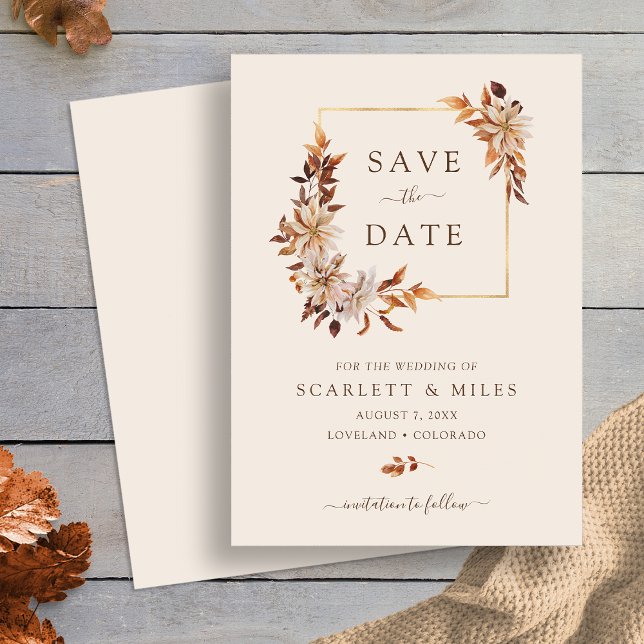 Reserva La Fecha Taupe Caída Acuarela Flora Marco Dorado Plano (Elegant Taupe Fall Watercolor Floral Gold Frame Flat Save The Date by Painted Paperie
)