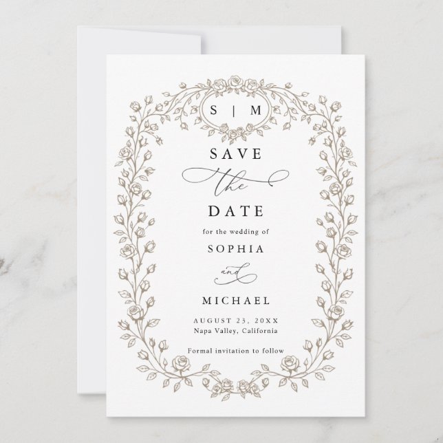 Reserva La Fecha Taupe Floral Line Art Save The Date Invitation (Anverso)
