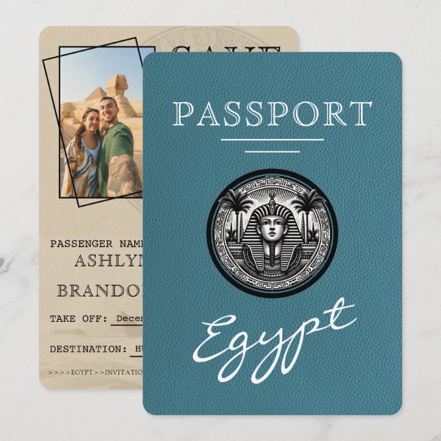 Reserva La Fecha Teal Egypt Passport Wedding Save the Date (Anverso / Reverso)