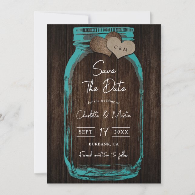 Reserva La Fecha Teal Mason Jar Wood Monogram Romantic Fall Wedding (Anverso)