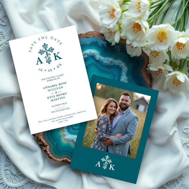 Reserva La Fecha Teal Ornate Christian Cross Minimalist Wedding (Teal Ornate Christian Cross Minimalist Wedding Save the Date Cards with Initials and Back Photo. )