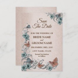 Reserva La Fecha Teal Silver Floral Copper Butterfly Tan Wedding