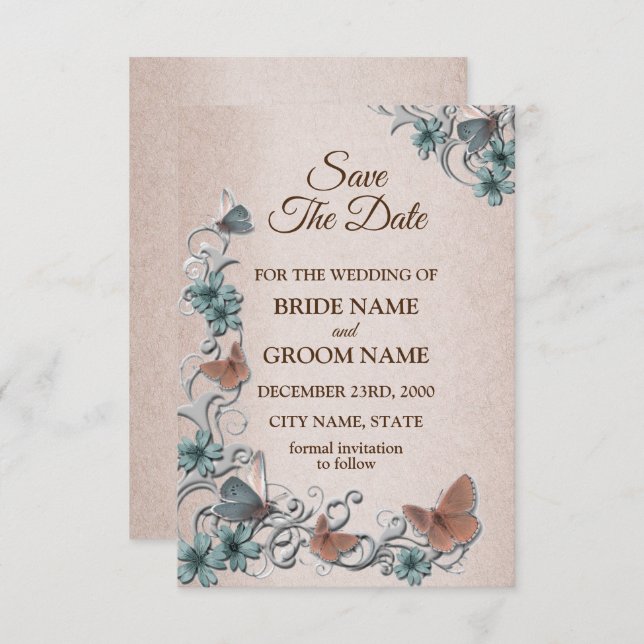 Reserva La Fecha Teal Silver Floral Copper Butterfly Tan Wedding (Anverso / Reverso)
