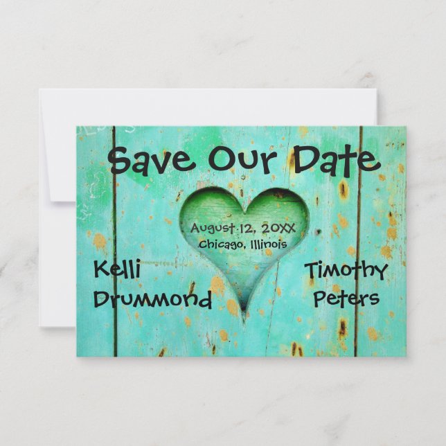 Reserva La Fecha Teal Weathered Wood Heart-3x5Wedding Save the Date (Anverso)