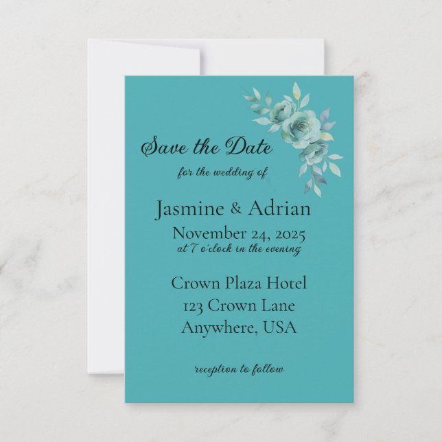 Reserva La Fecha Teal Whisper Blooms Wedding (Anverso)