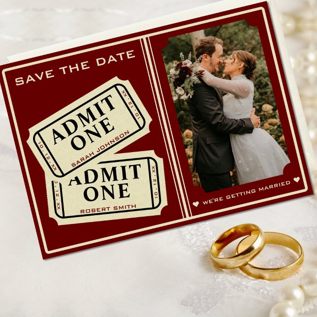 Reserva La Fecha Teatro de cine retro admite Boda de boletos (Retro Cinema Theater Admit One Ticket Stub Wedding Save The Date)